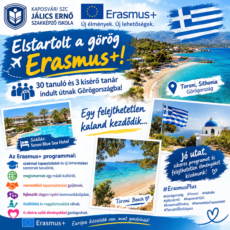 "Elstartol a görög Erasmus+". 30 tanuló és 3 kísérő tanárral. https://www.toronibluesea.com/en/location/